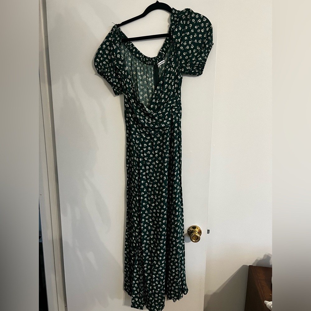 Reformation Dark Green Floral Strapless Midi Dress